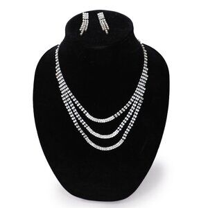 Tiered Rhinestone Statement Necklace & Dangle Earring Set Silver Tone